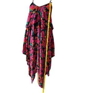 La Vie en Rose Aqua Tropical Floral Handkerchief Hem Dress Pink Orange S/M‎